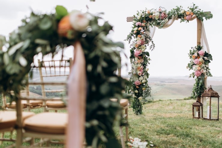 Garden-Themed Wedding Decor in Atlanta with Hanging Florals and Fairy Lights